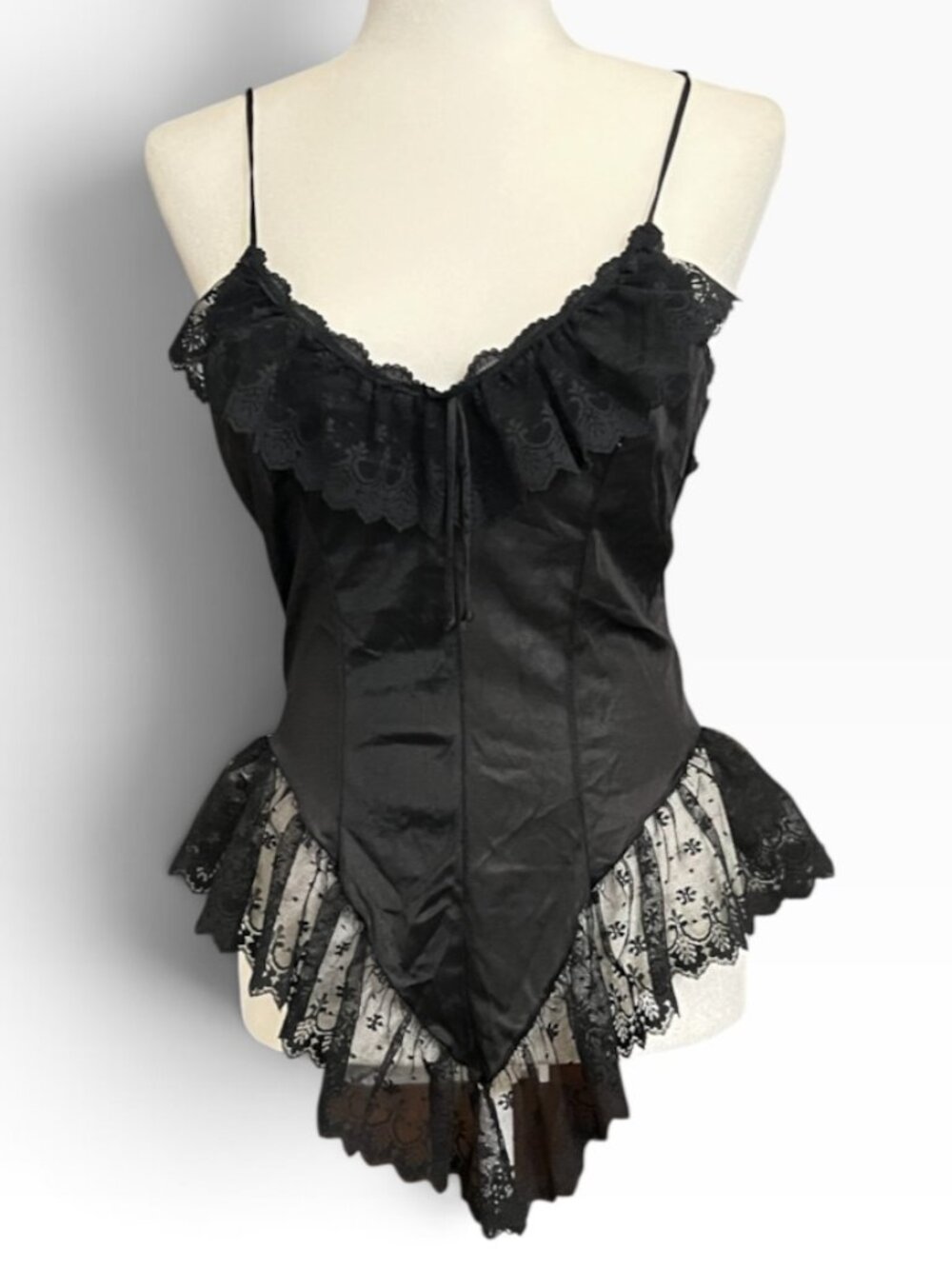 Vintage 90s Moodsetter Black Lingerie Tank Top Teddy Lace M USA Coquette Goth